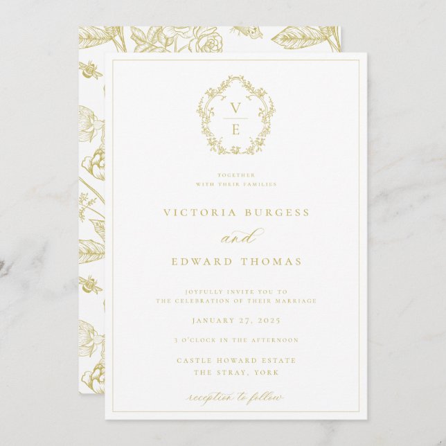 Vintage Gold Crest Monogram Wedding Invitation (Front/Back)
