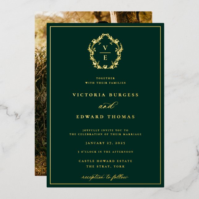 Vintage Gold Crest Monogram Wedding Photo (Front/Back)