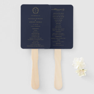 Vintage Gold Crest Navy Blue Wedding Program Hand Fan