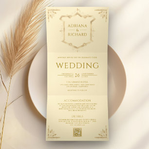 Vintage Gold Crest QR Code Butter Yellow Wedding Tri-Fold Invitation