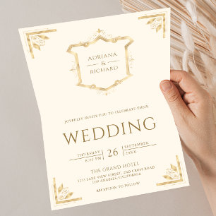 Vintage Gold Crest QR Code Cream Wedding Invitation