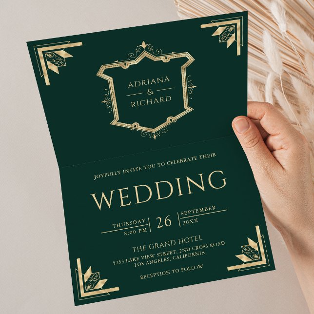 Vintage Gold Crest QR Code Emerald Green Wedding Invitation (Creator Uploaded)