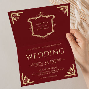 Vintage Gold Crest QR Code Maroon Red Wedding Invitation