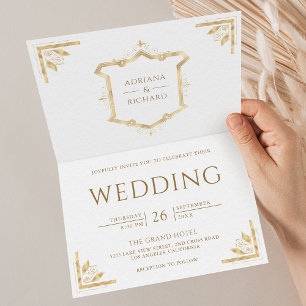 Vintage Gold Crest QR Code White Wedding Invitation