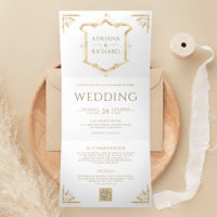 Vintage Gold Crest QR Code White Wedding