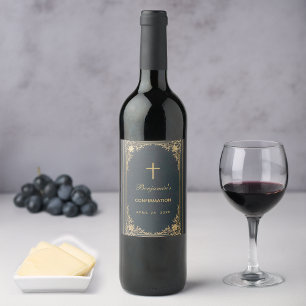 Vintage Gold Cross Blue Elegant Boy Confirmation Wine Label