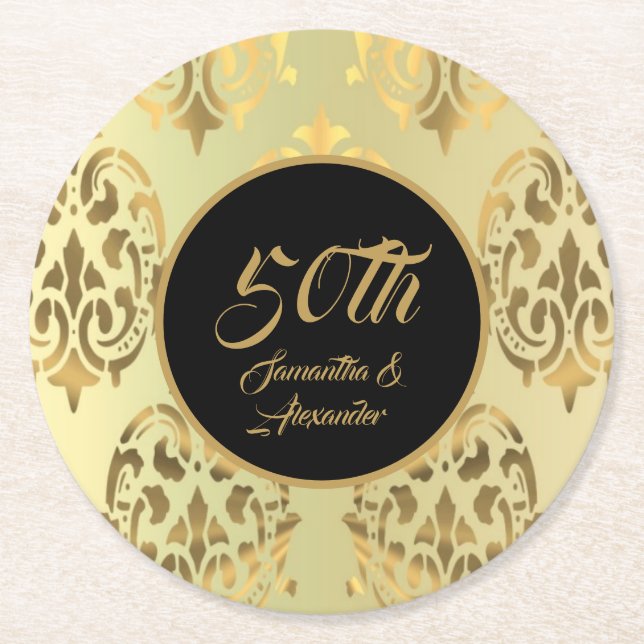 Vintage gold damask 50th anniversary  round paper coaster (Front)