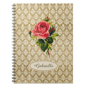Vintage Gold Damask Pattern Pink Rose and Name Spiral Notebook