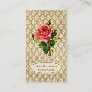 Vintage Gold Damask Pink Rose Event Planner Business Card