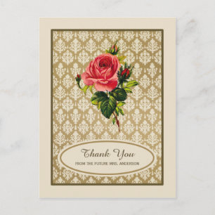 Vintage Gold Damask Rose Bridal Shower Thank You Postcard