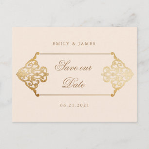 vintage gold decorative ornament save the date postcard