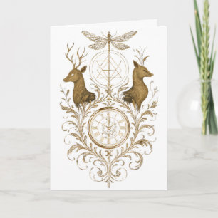 Vintage Gold Deer & Dragonfly Aesthetic Art Greeti Card