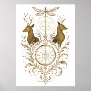 Vintage Gold Deer & Dragonfly Aesthetic Nature Wal Poster