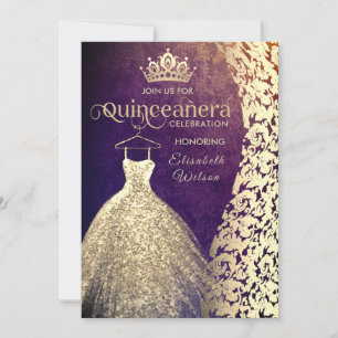 Vintage gold dress damask  tiara Quinceañera Invitation