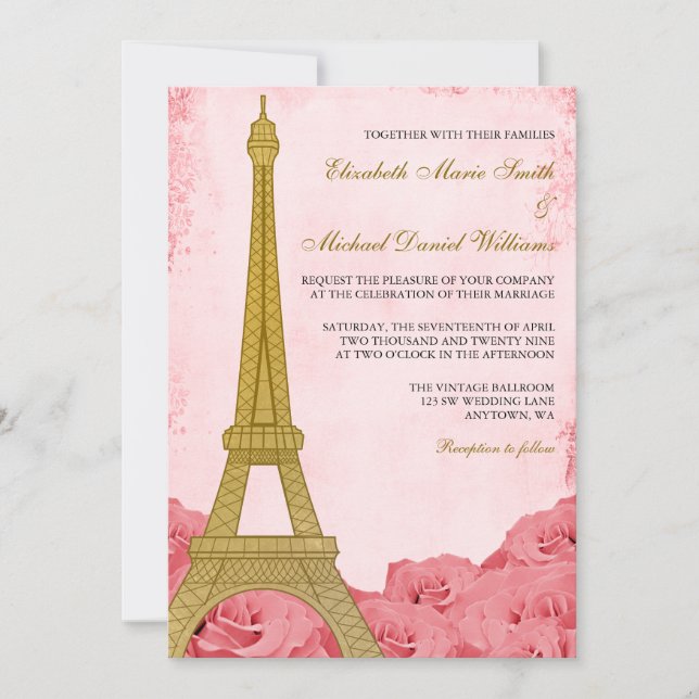 Vintage Gold Eiffel Tower Pink Roses Wedding Invitation (Front)