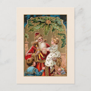 Vintage Gold Embellished Santa with Children Postcard