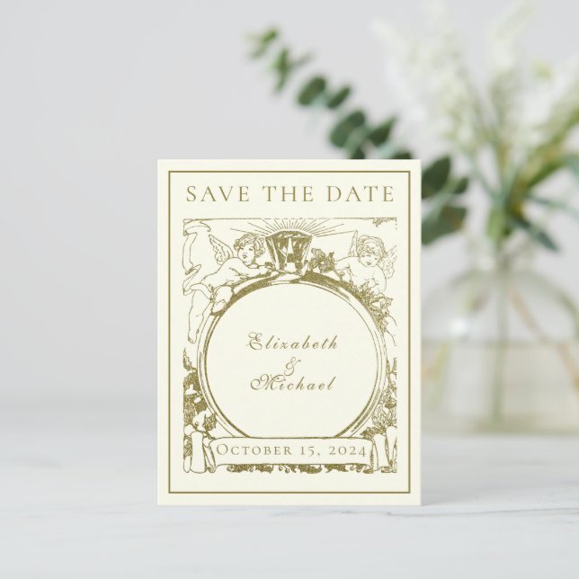 Vintage Gold Engagement Angels Ring Announcement Postcard (Standing Front)