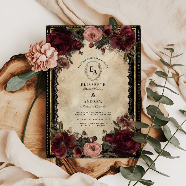 Vintage Gold Filigree and Crimson Petals Invitation (Creator Uploaded)