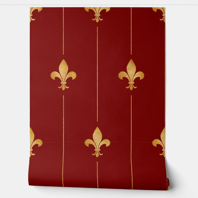 Vintage Gold Fleur-de-Lis Dark Red Wallpaper (Unrolling)