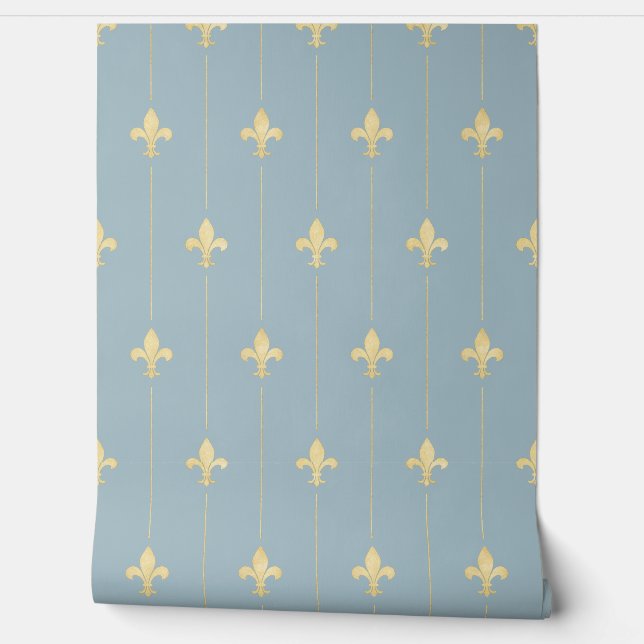 Vintage Gold Fleur-de-Lis Dusky Blue Wallpaper (Unrolling)