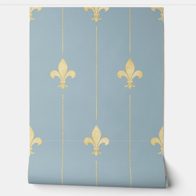 Vintage Gold Fleur-de-Lis Dusky Blue Wallpaper (Unrolling)