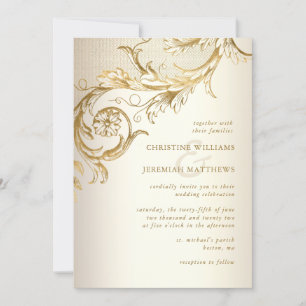 Vintage Gold Floral Damask All In One RSVP Wedding Invitation