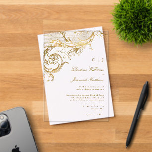 Vintage Gold Floral Damask Monogram Wedding Acrylic Invitations