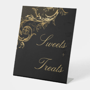 Vintage Gold Floral Damask Sweets Treats Wedding Pedestal Sign