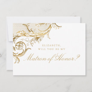 Vintage Gold Floral Damask White Matron of Honour Invitation