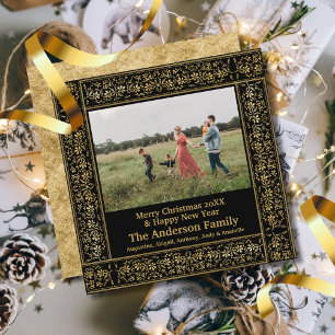 Vintage Gold Floral Frame Merry Christmas Photo  Holiday Card