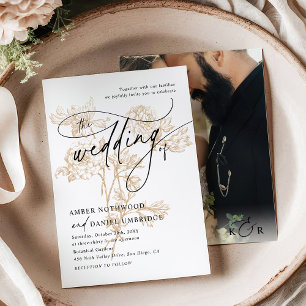 Vintage Gold Floral Modern Script Photo Wedding Invitation