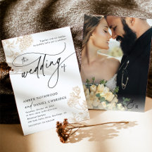 Vintage Gold Floral Modern Script Photo Wedding