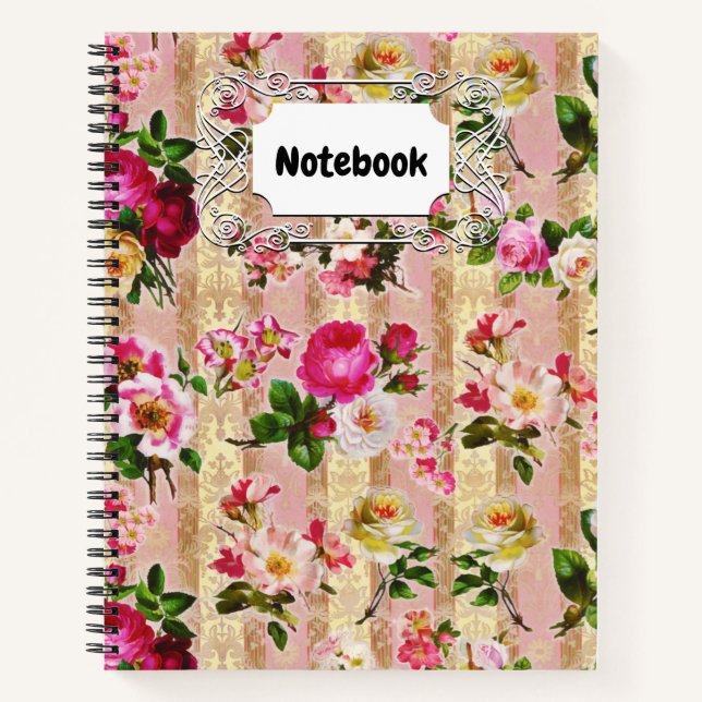 Vintage Gold Floral Pink Roses Damask Notebook (Front)