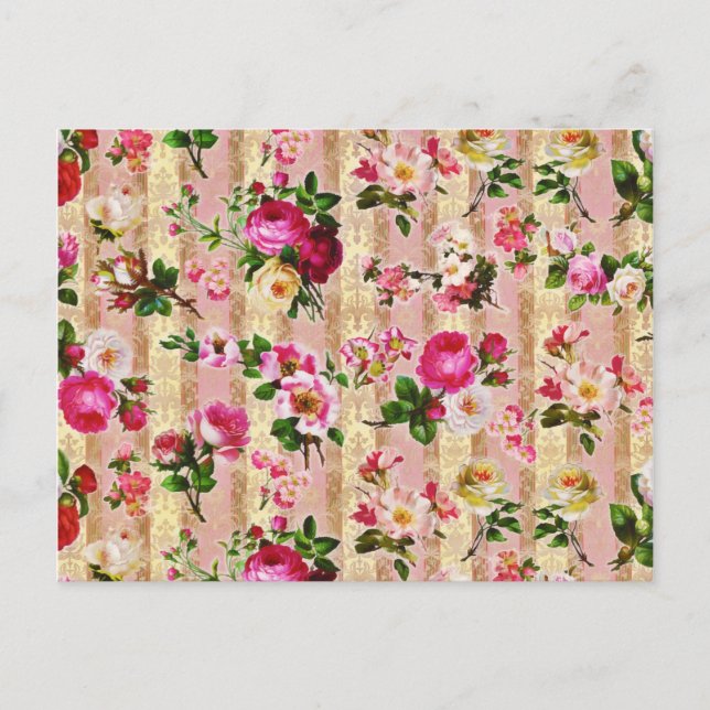 Vintage Gold Floral Pink Roses Damask Postcard (Front)