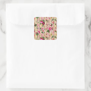 Vintage Gold Floral Pink Roses Damask Square Sticker