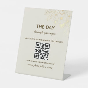 Vintage Gold Floral Wedding Photo QR Code Pedestal Sign