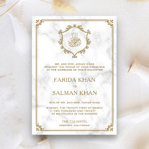 Vintage Gold Flourish White Marble Islamic Wedding Invitation