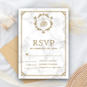 Vintage Gold Flourish White Marble Islamic Wedding RSVP Card