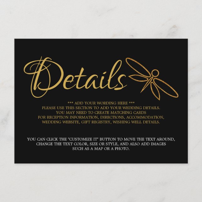 Vintage Gold Foil Dragonfly Wedding Detail Enclosure Card (Front)