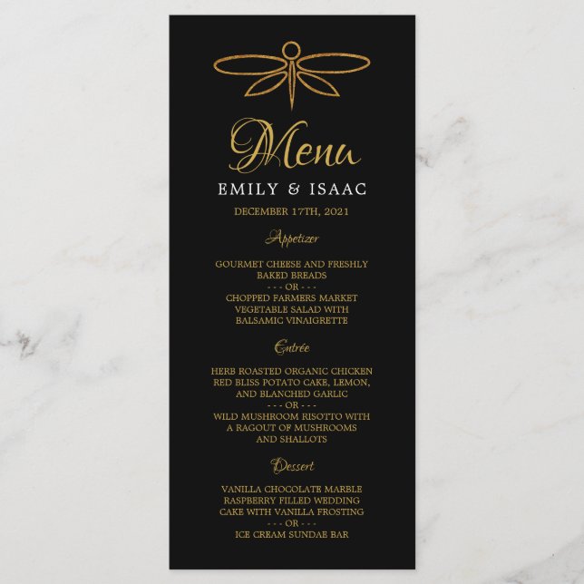 Vintage Gold Foil Dragonfly Wedding Menu (Front)