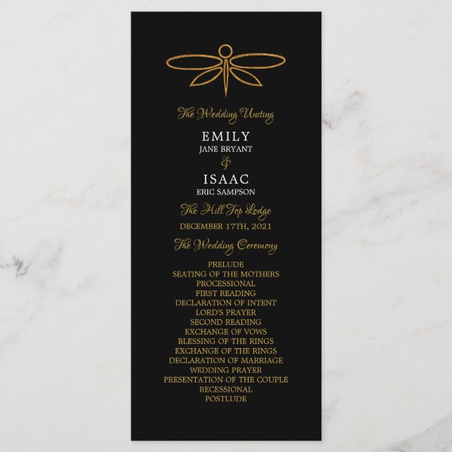 Vintage Gold Foil Dragonfly Wedding Program Programme (Front)