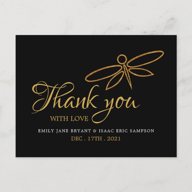 Vintage Gold Foil Dragonfly WeddingThank You Postcard (Front)