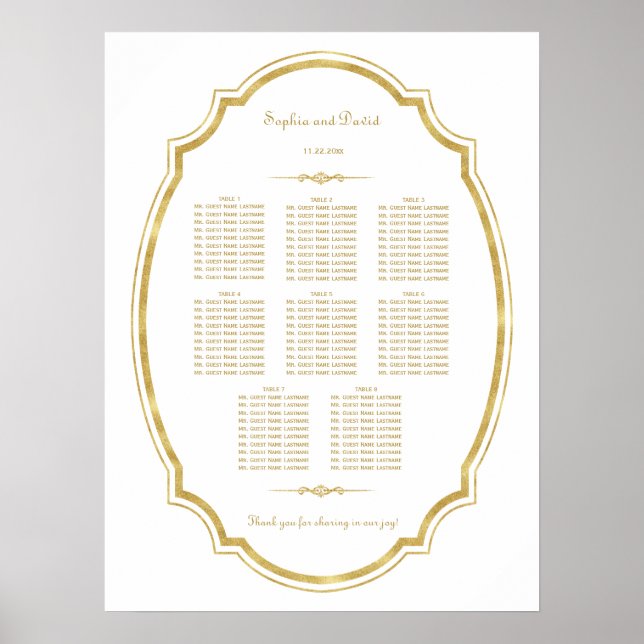 Vintage Gold Foil Frame Wedding Seating Chart (Front)