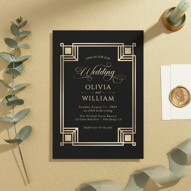 Vintage Gold Frame Art Deco Wedding Invitation (Creator Uploaded)