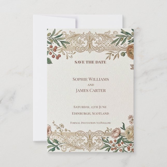 Vintage Gold Garden Floral Save The Date Card (Front)