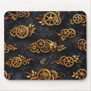 Vintage Gold Gears & Red Neon Mythic Cyberpunk  Mouse Pad