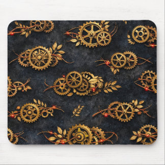 Vintage Gold Gears & Red Neon Mythic Cyberpunk Mouse Pad