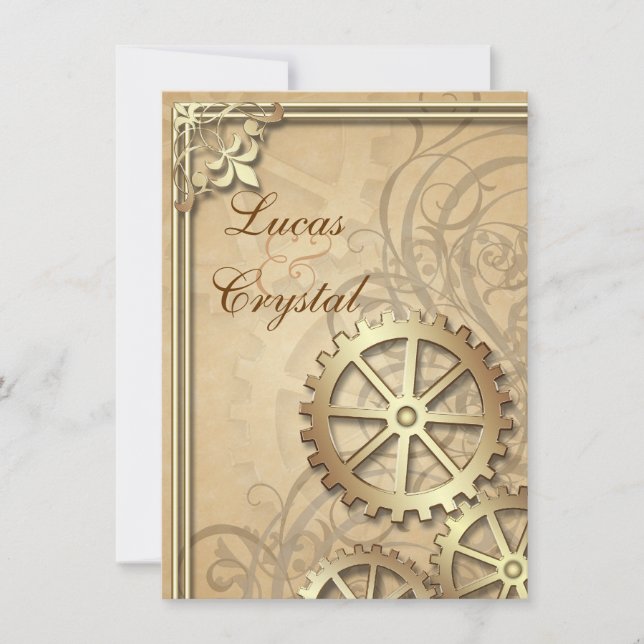 Vintage Gold Gears Steampunk Wedding Invitation (Front)