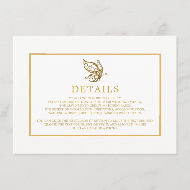 Vintage Gold Glitter Butterfly Wedding Detail Enclosure Card (Front)