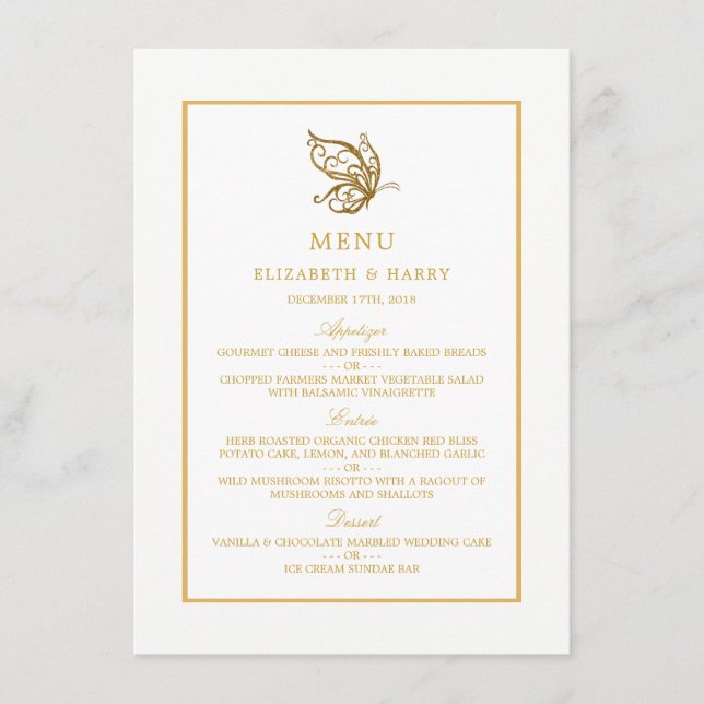Vintage Gold Glitter Butterfly Wedding Menu (Front)